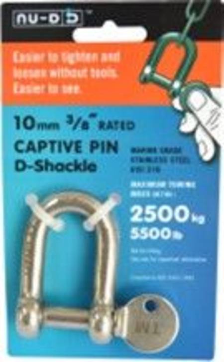 10MM x 2500KG CAPTIVE PIN STAINLESS STEEL EASY TIGHTEN D SHACKLE